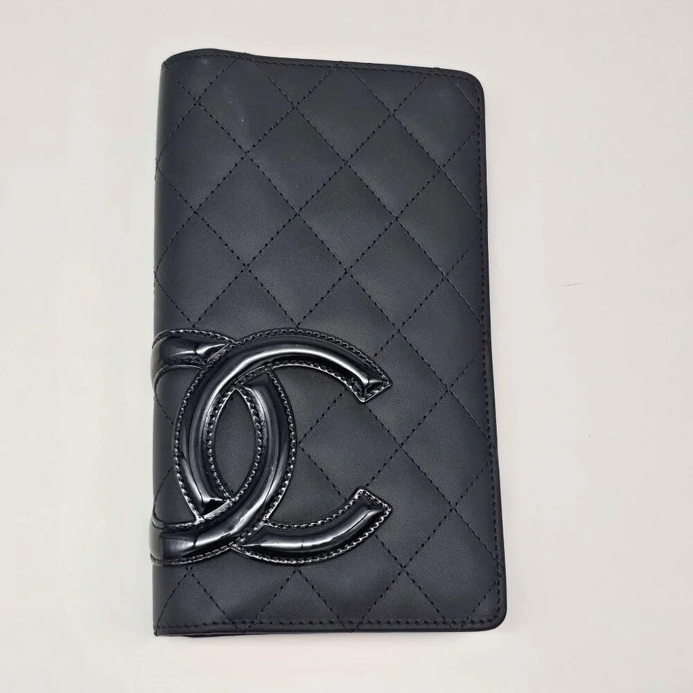 CHANEL Cambon Black Pink Lambskin Long Wallet 385-043025